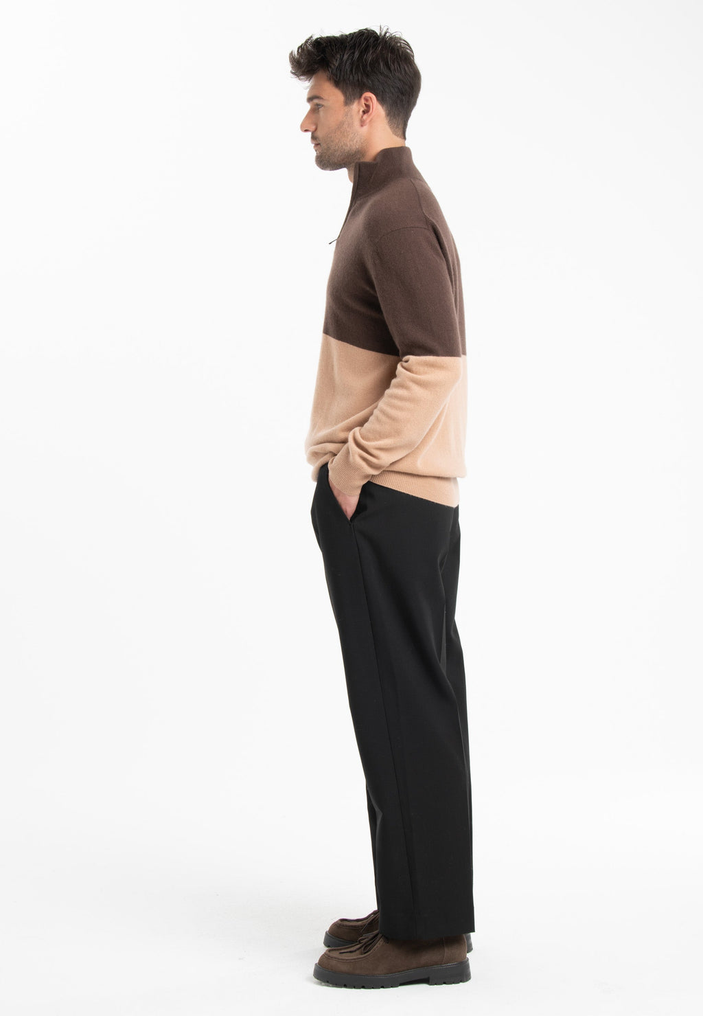 GABI 2 Two-tone cashmere trucker sweater in light brown/camel