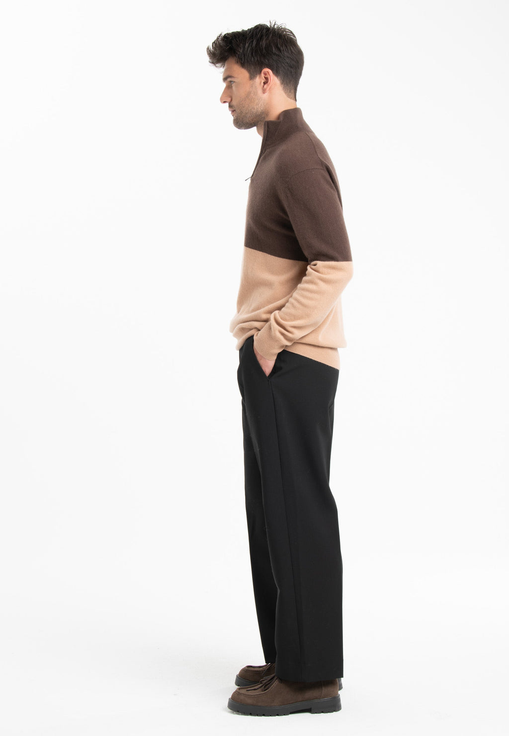 GABI 2 Two-tone cashmere trucker sweater in light brown/camel