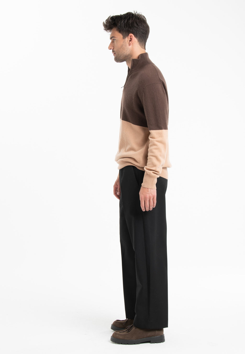 GABI 2 Two-tone cashmere trucker sweater in light brown/camel