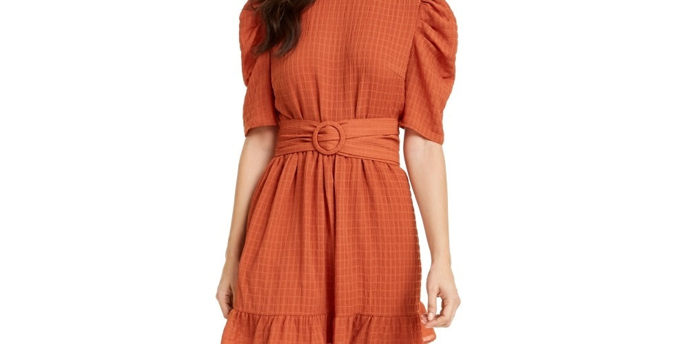 Leyden Women's Puff Sleeve Belted Mini Dress Brown Size X-Small