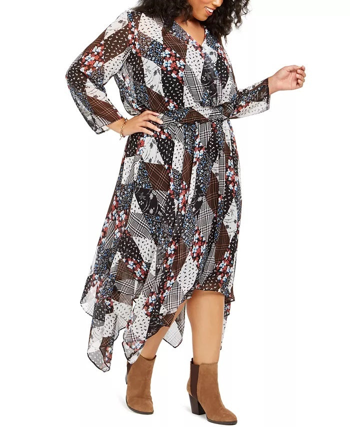 Tommy Hilfiger Women's Plus Size Quilted-Print Handkerchief-Hem Dress Black Size 3X