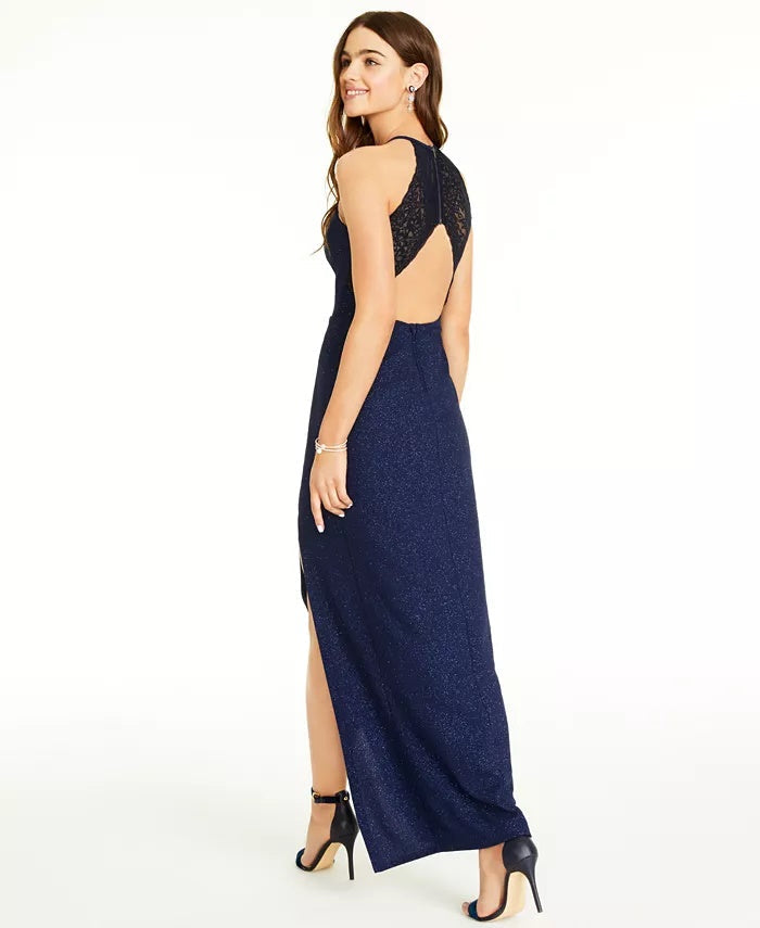 Speechless Juniors' Cutout Glitter Lace-Back Gown Blue Size 15