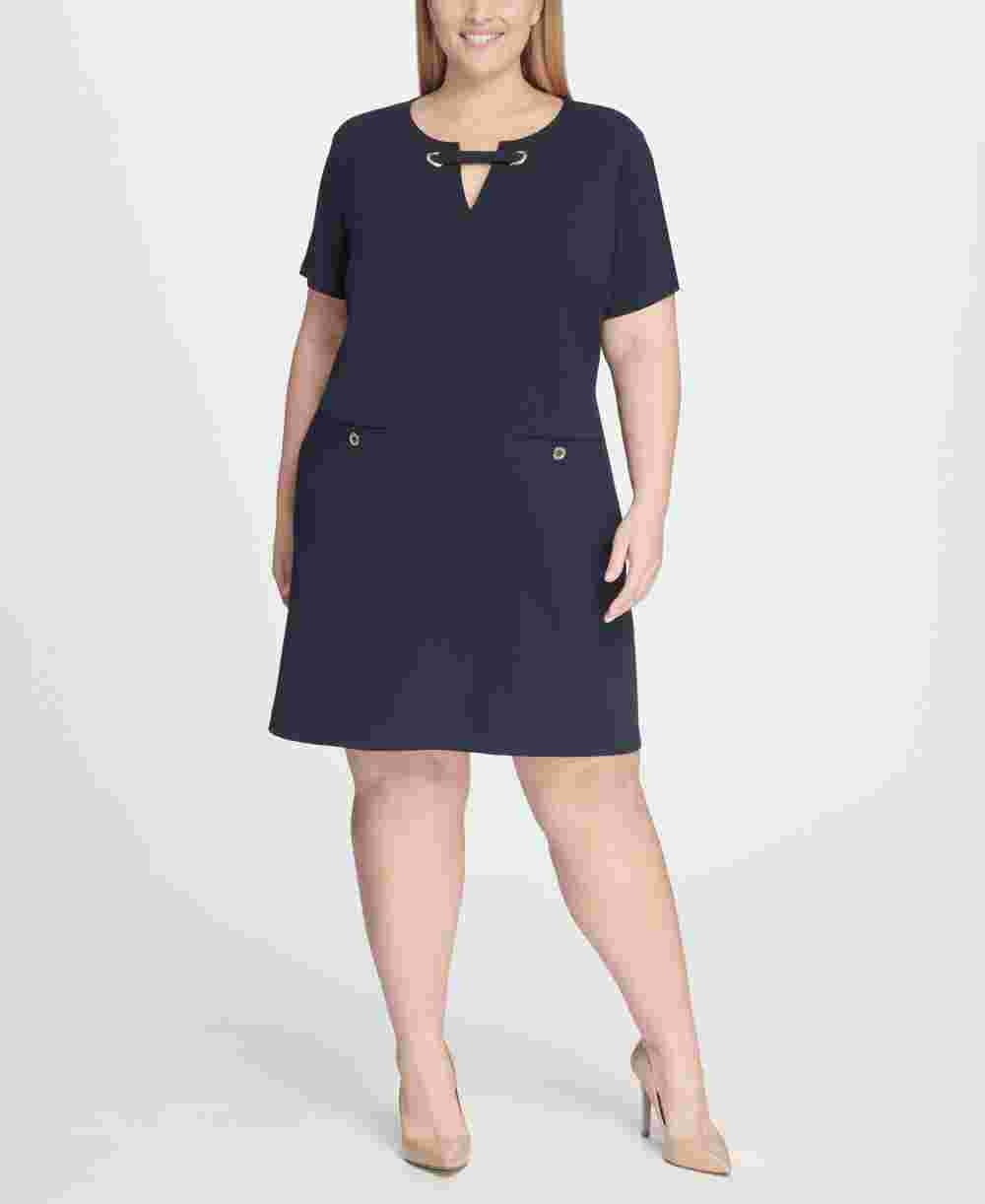 Tommy Hilfiger Women's Plus Size Scuba Crepe Pocket Shift Dress Purple Size Petite Small