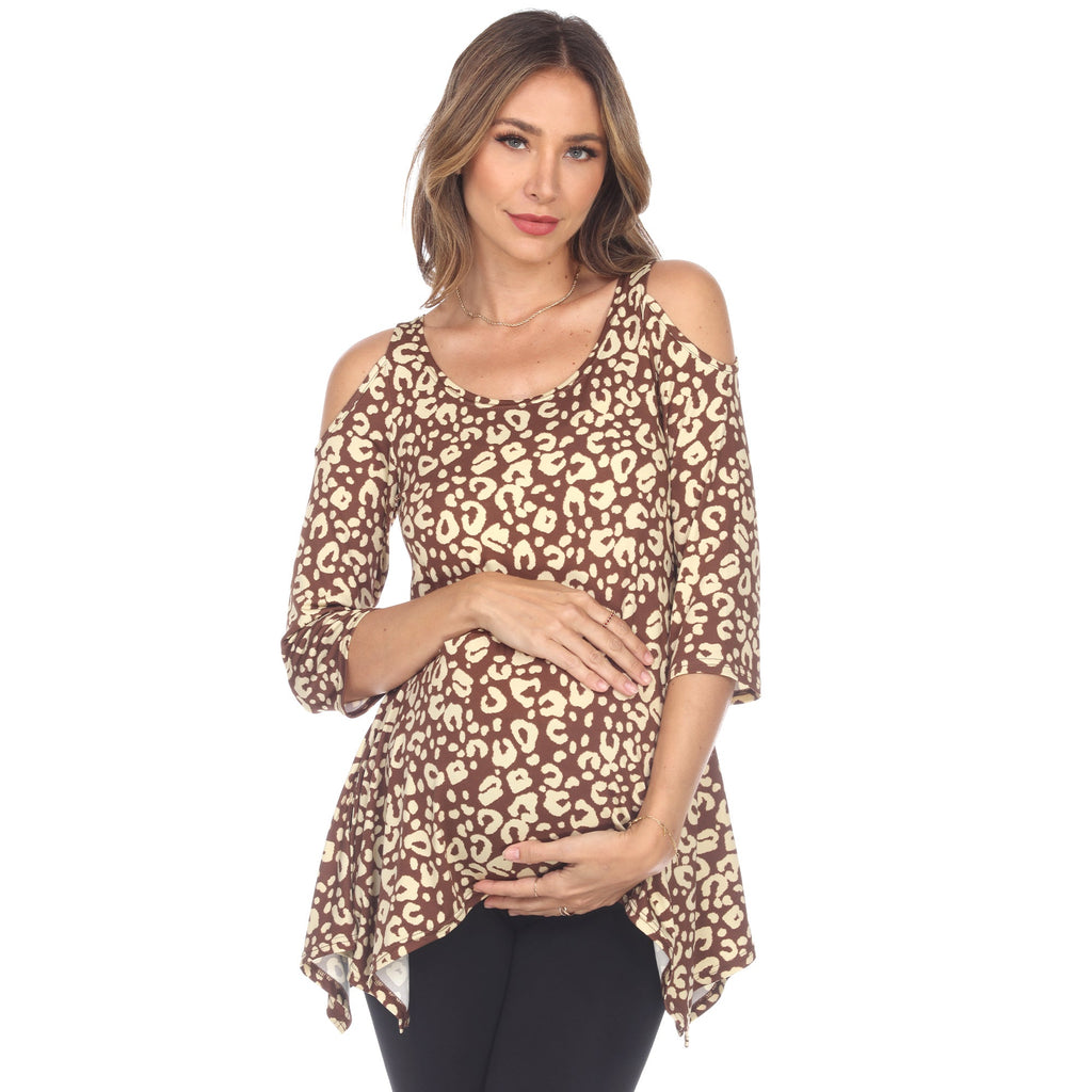 Maternity Leopard Cold Shoulder Tunic Top - Plus