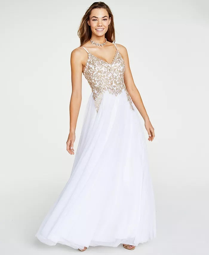 Say Yes To The Prom Juniors' Embroidered Lace-Up Gown Yellow Size 1