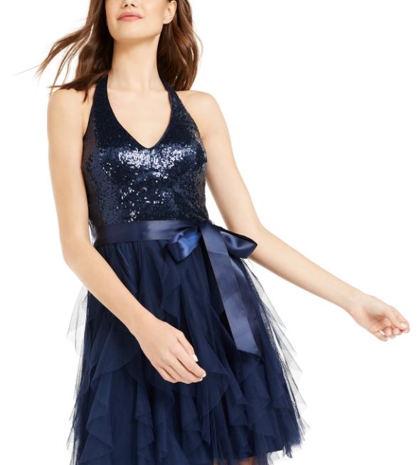 Teeze Me Junior's Sequin Top Ruffled Dress Navy