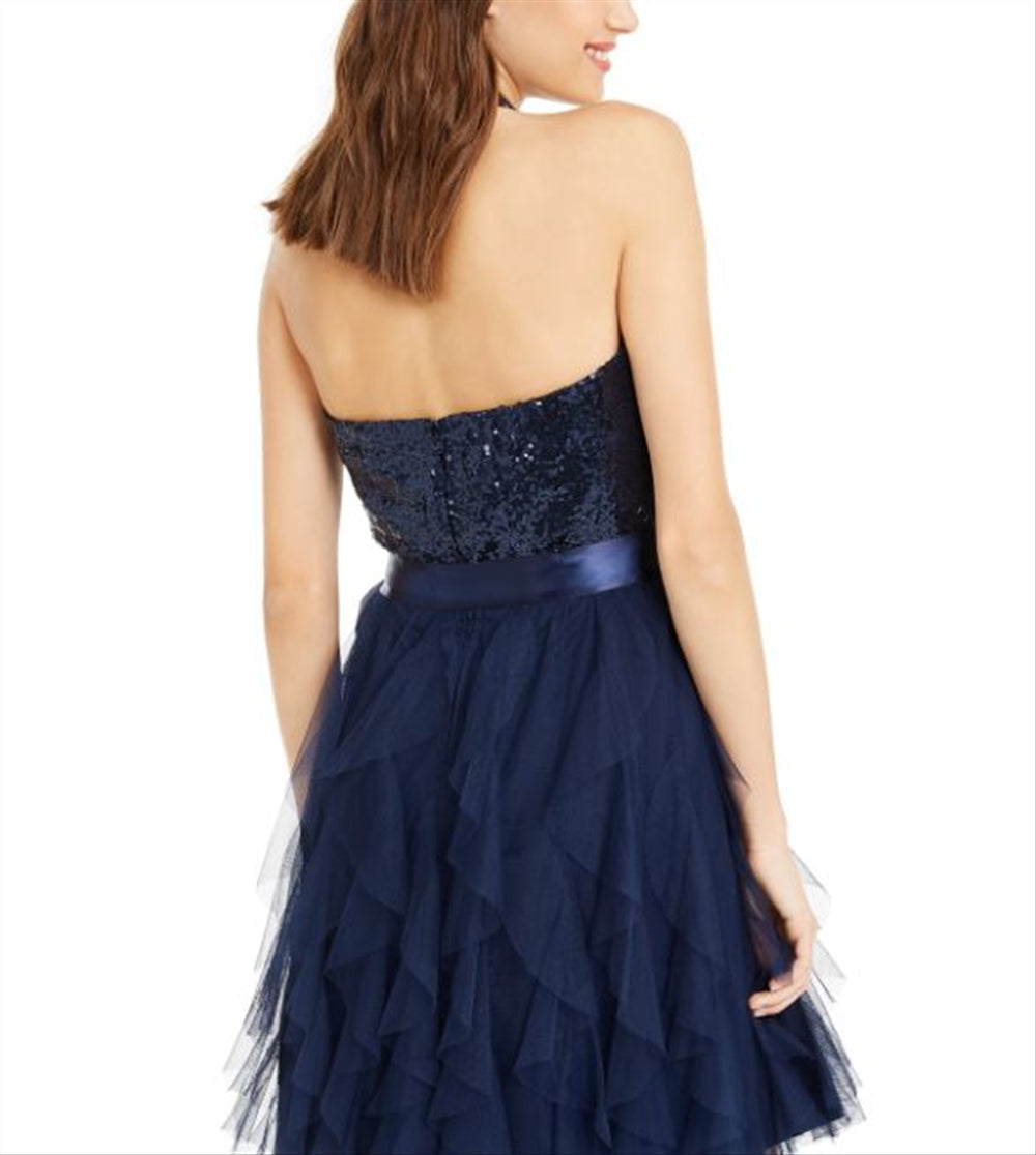 Teeze Me Junior's Sequin Top Ruffled Dress Navy