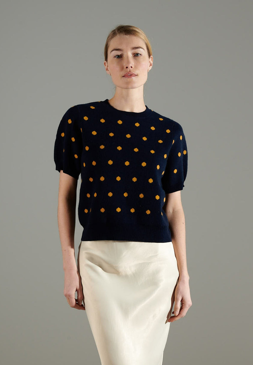 NAMI 13 Navy/mustard cashmere jacquard short-sleeve round-neck sweater