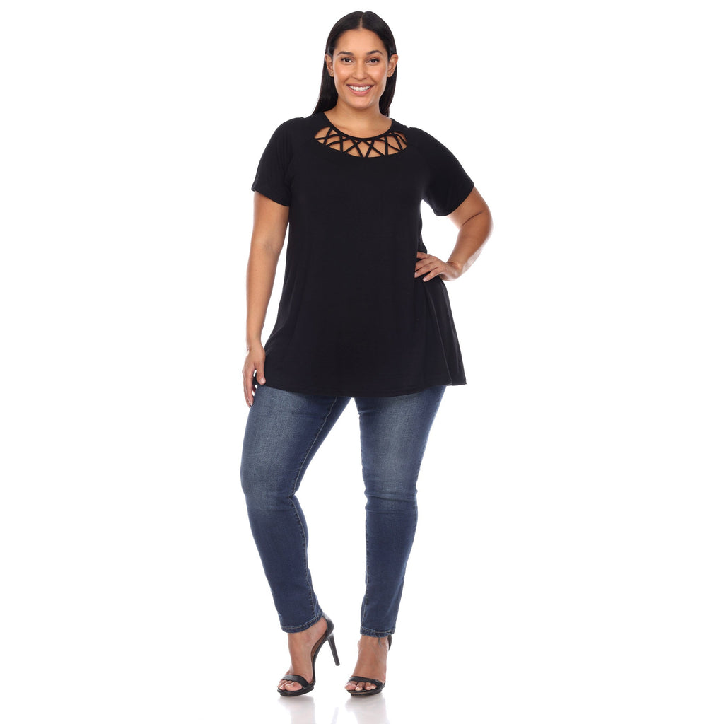 White Mark Women's Crisscross Cutout Short Sleeve Top - Plus (8 Colors Available)
