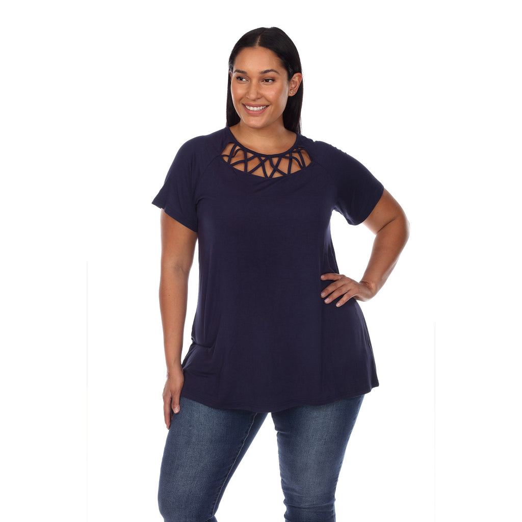 White Mark Women's Crisscross Cutout Short Sleeve Top - Plus (8 Colors Available)