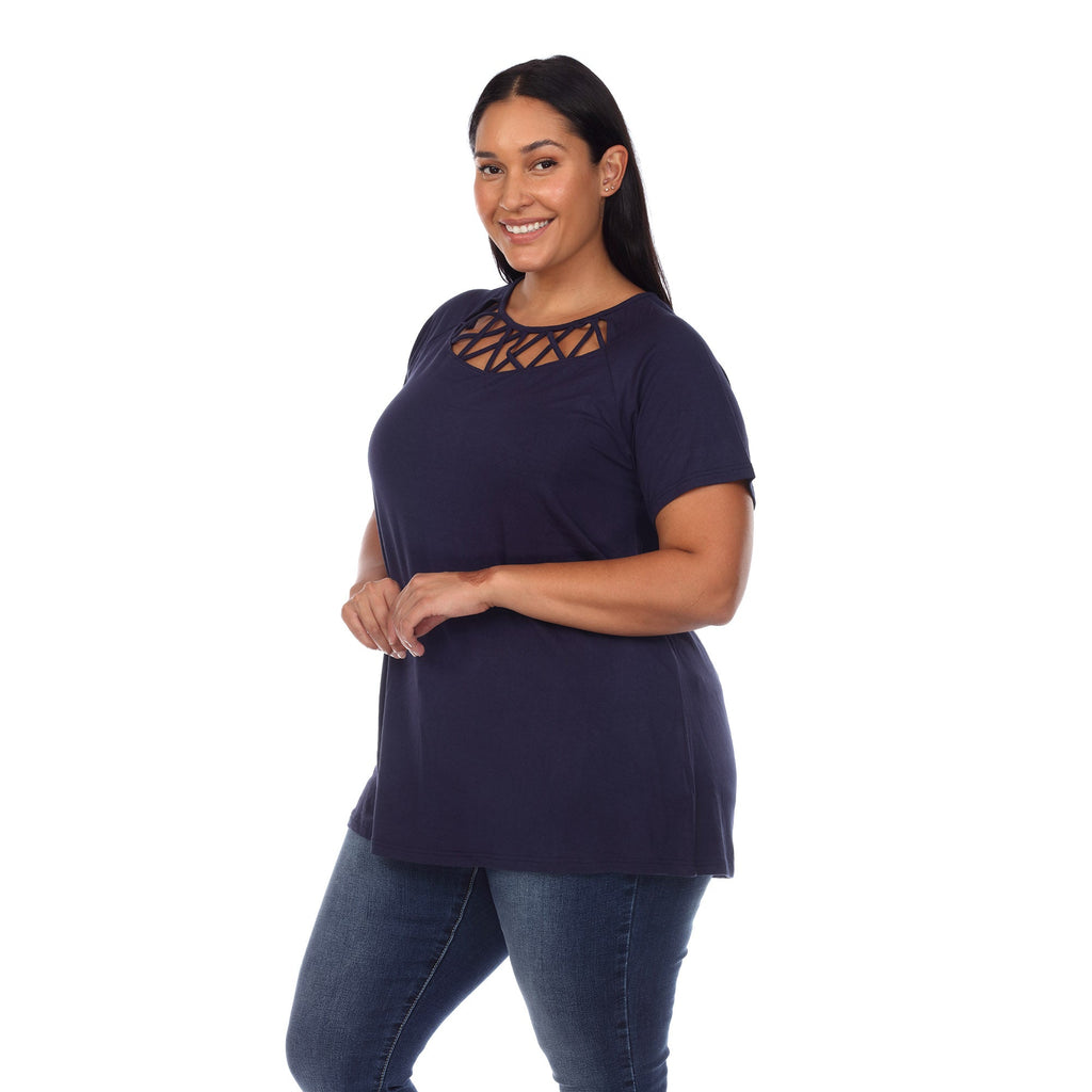 White Mark Women's Crisscross Cutout Short Sleeve Top - Plus (8 Colors Available)