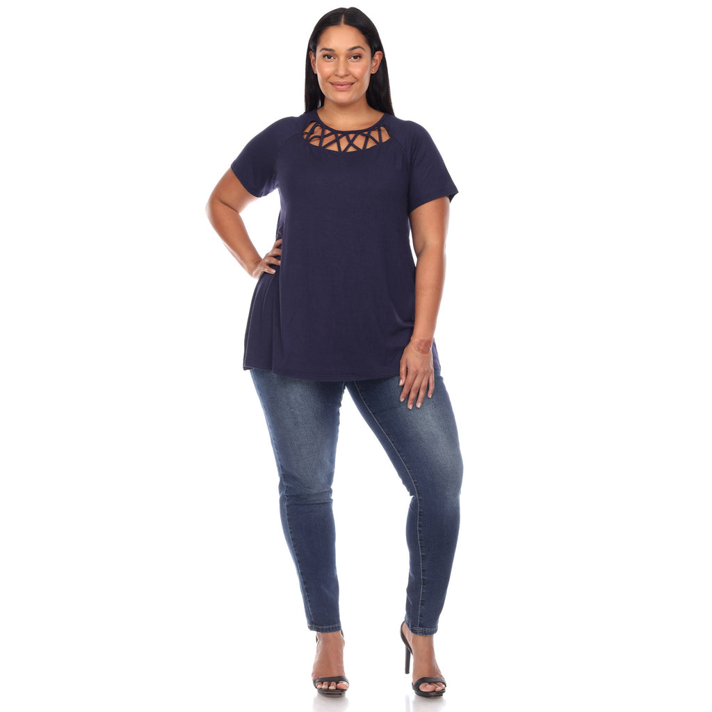 White Mark Women's Crisscross Cutout Short Sleeve Top - Plus (8 Colors Available)