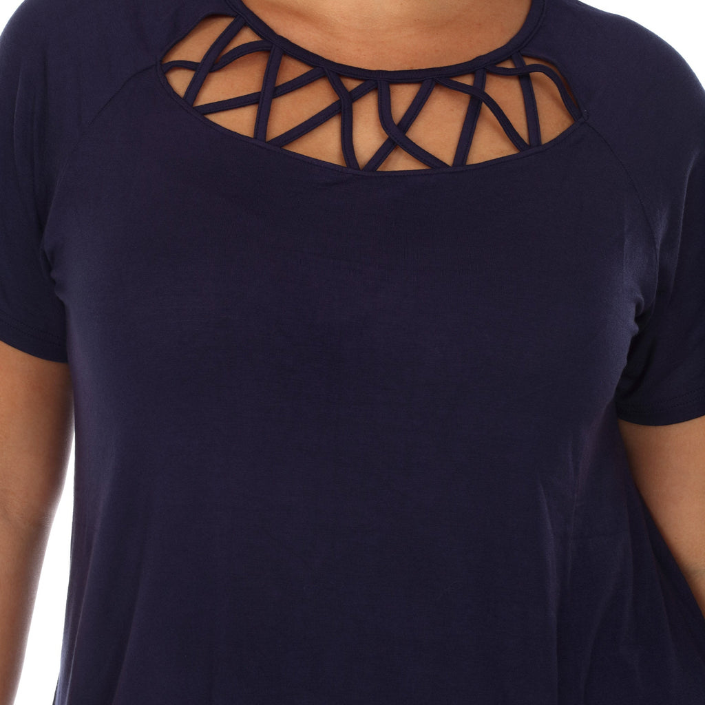 White Mark Women's Crisscross Cutout Short Sleeve Top - Plus (8 Colors Available)