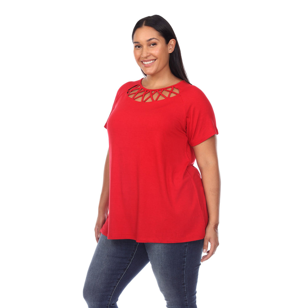 White Mark Women's Crisscross Cutout Short Sleeve Top - Plus (8 Colors Available)