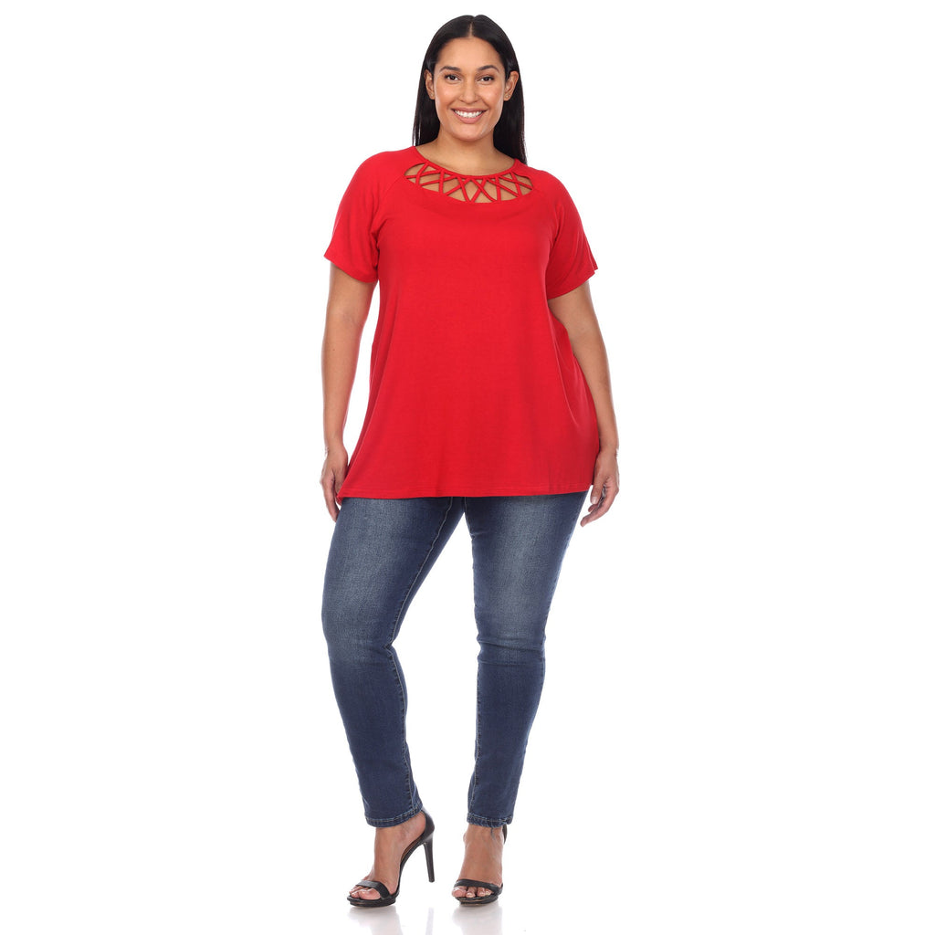 White Mark Women's Crisscross Cutout Short Sleeve Top - Plus (8 Colors Available)