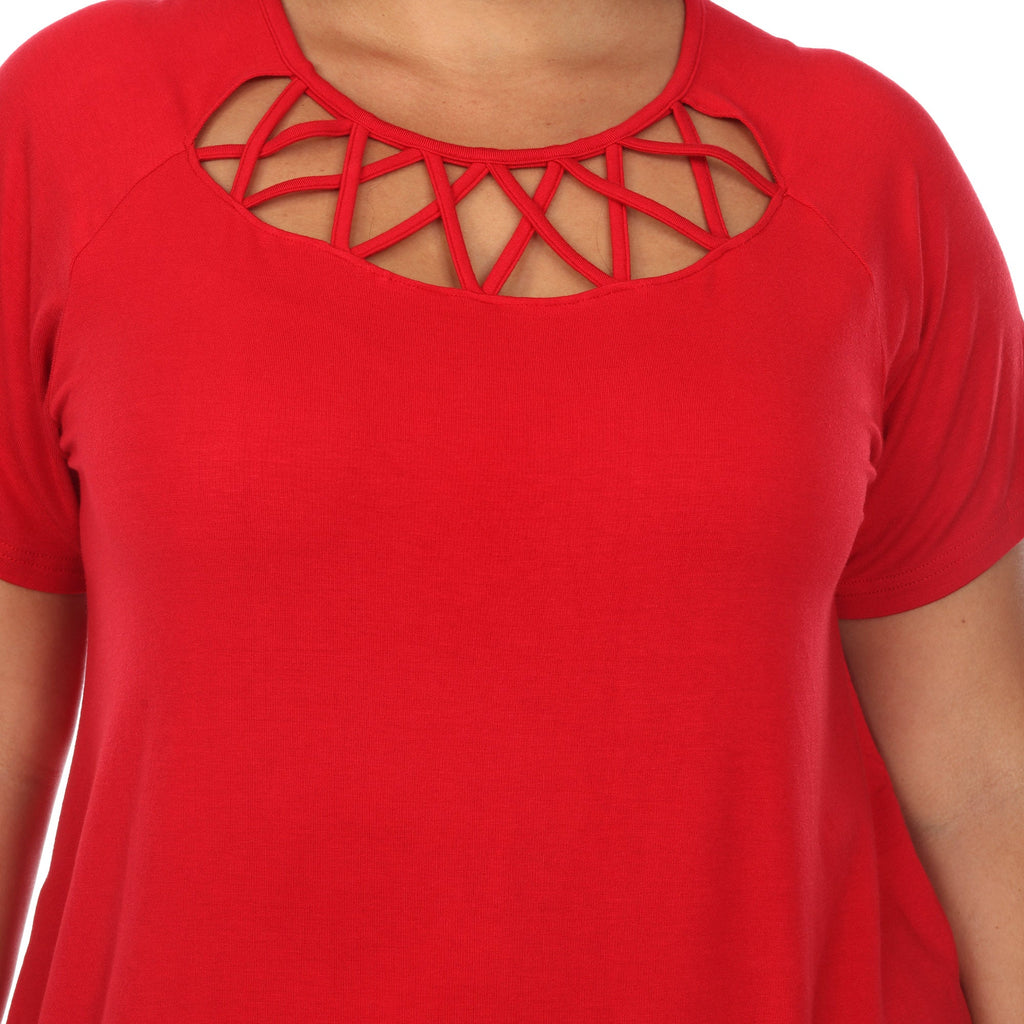 White Mark Women's Crisscross Cutout Short Sleeve Top - Plus (8 Colors Available)