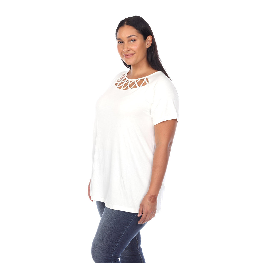 White Mark Women's Crisscross Cutout Short Sleeve Top - Plus (8 Colors Available)