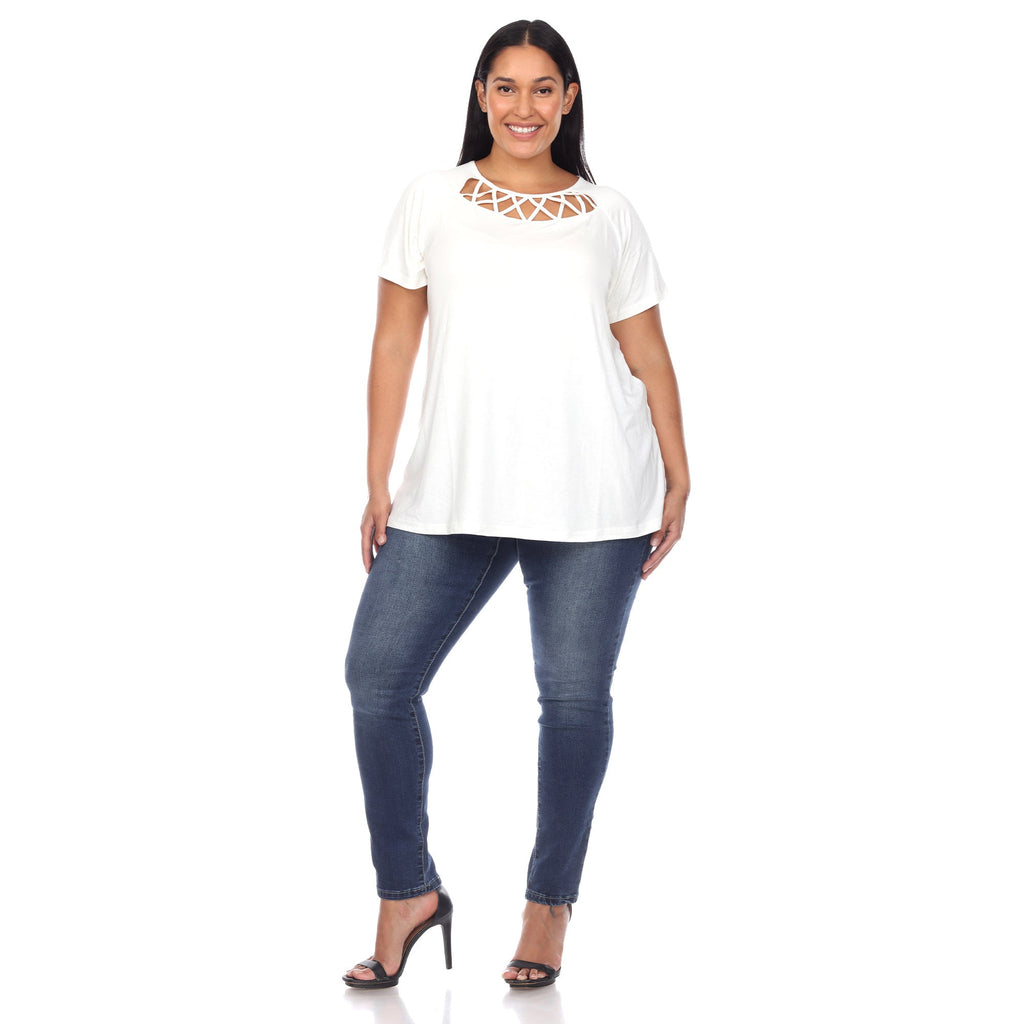 White Mark Women's Crisscross Cutout Short Sleeve Top - Plus (8 Colors Available)