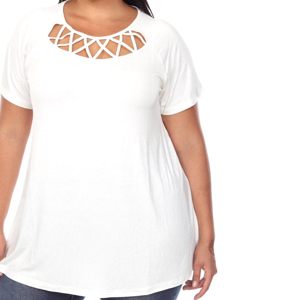 White Mark Women's Crisscross Cutout Short Sleeve Top - Plus (8 Colors Available)