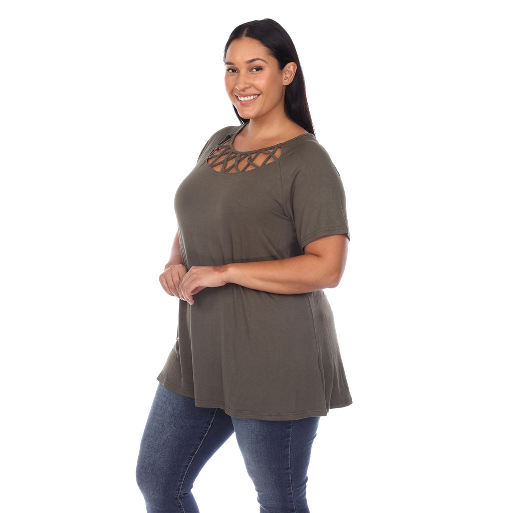 White Mark Women's Crisscross Cutout Short Sleeve Top - Plus (8 Colors Available)