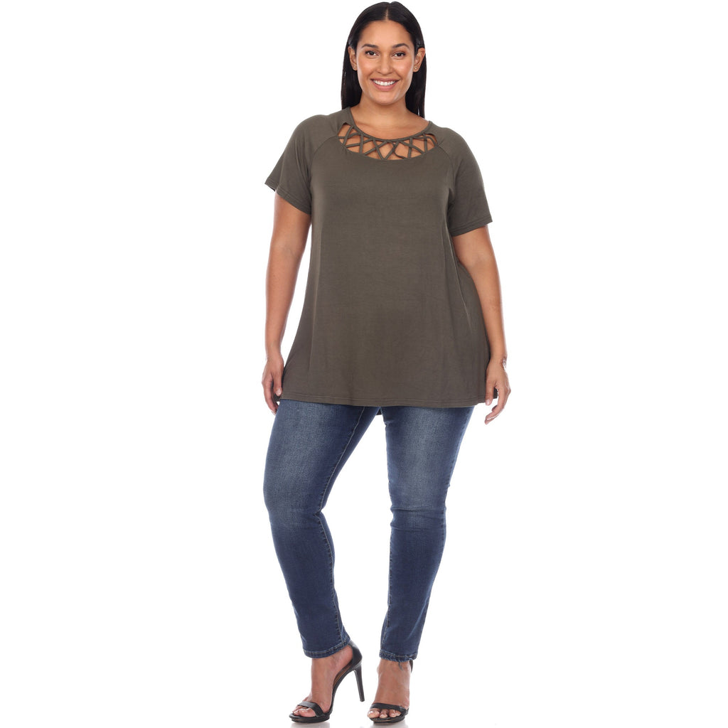 White Mark Women's Crisscross Cutout Short Sleeve Top - Plus (8 Colors Available)