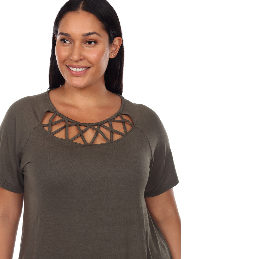 White Mark Women's Crisscross Cutout Short Sleeve Top - Plus (8 Colors Available)