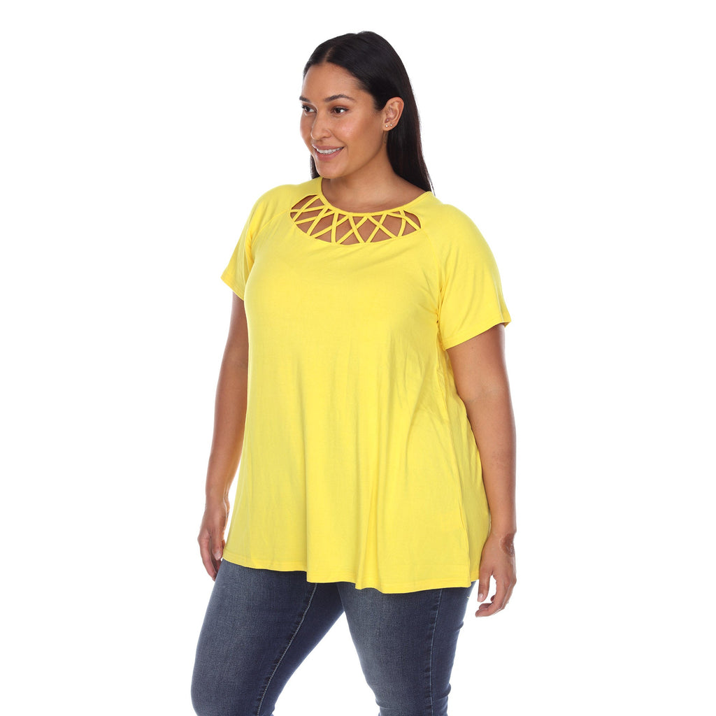 White Mark Women's Crisscross Cutout Short Sleeve Top - Plus (8 Colors Available)