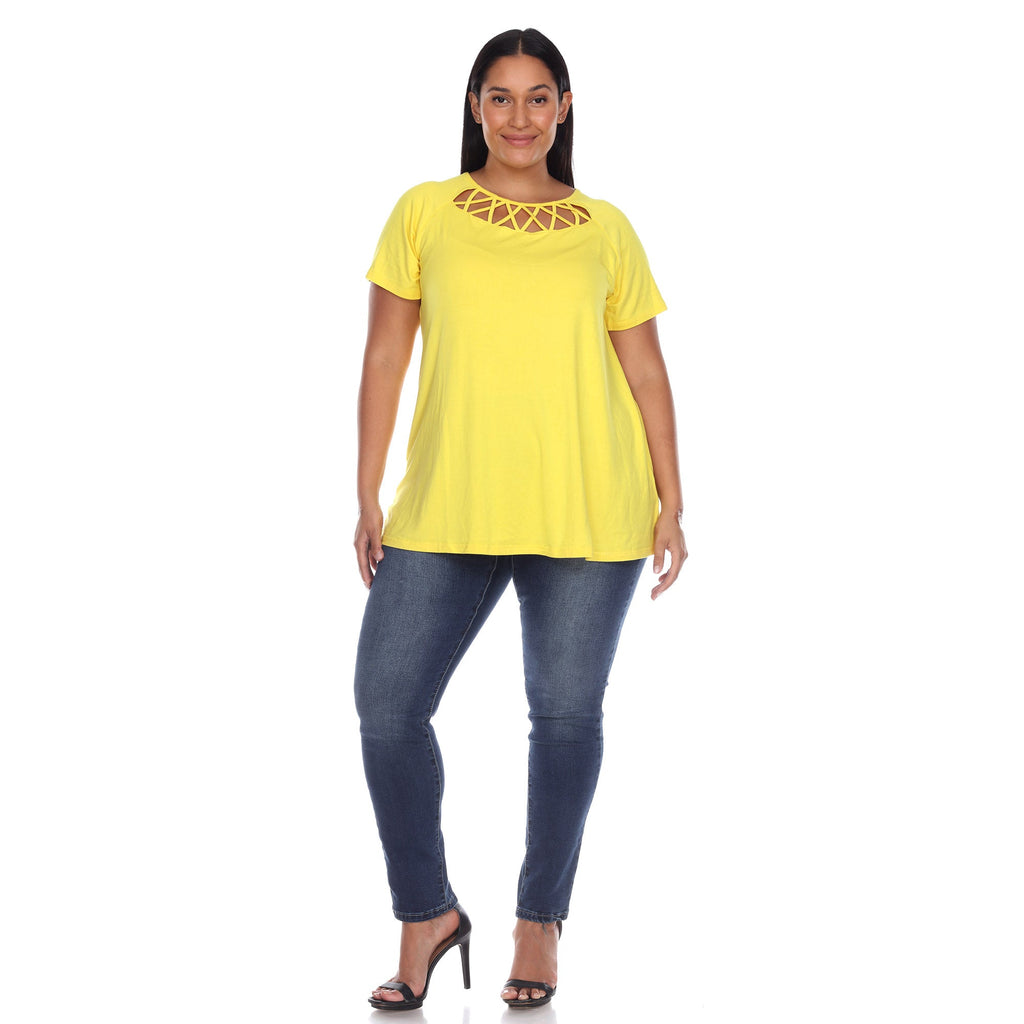 White Mark Women's Crisscross Cutout Short Sleeve Top - Plus (8 Colors Available)