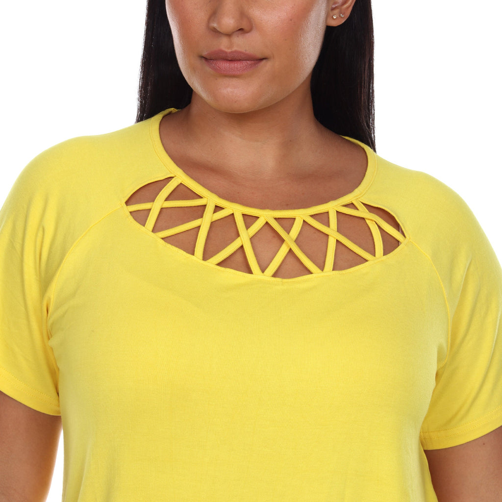 White Mark Women's Crisscross Cutout Short Sleeve Top - Plus (8 Colors Available)