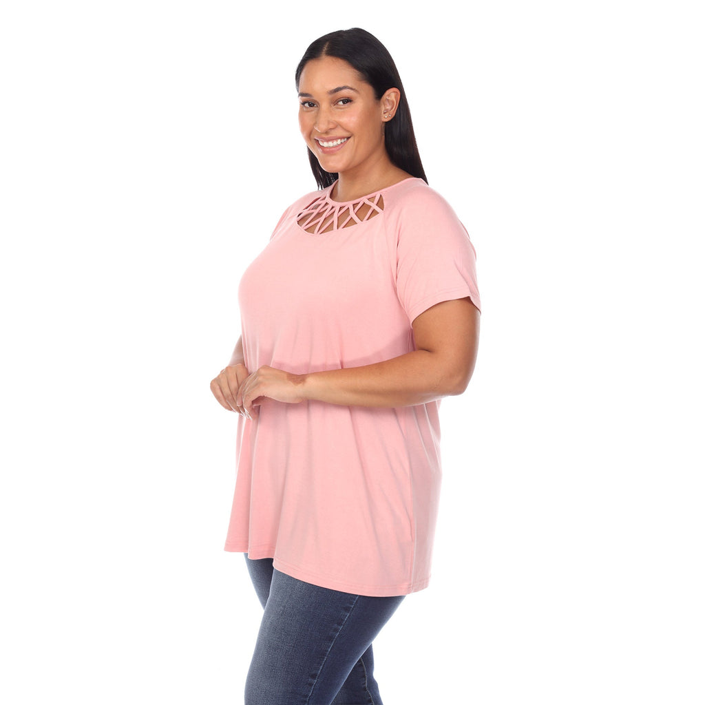 White Mark Women's Crisscross Cutout Short Sleeve Top - Plus (8 Colors Available)