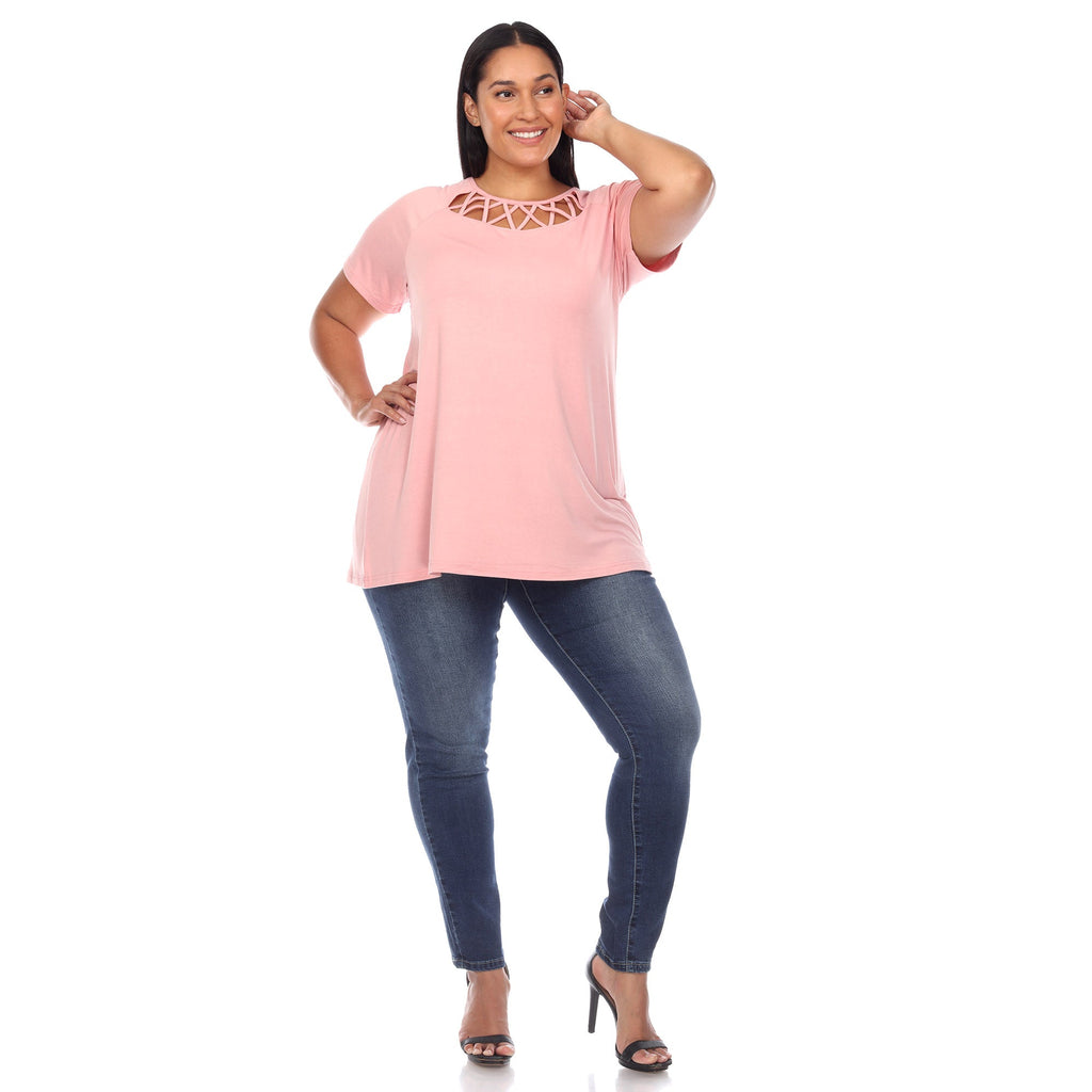White Mark Women's Crisscross Cutout Short Sleeve Top - Plus (8 Colors Available)