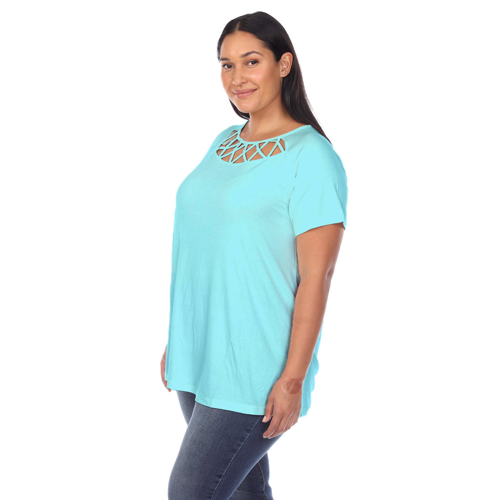 White Mark Women's Crisscross Cutout Short Sleeve Top - Plus (8 Colors Available)