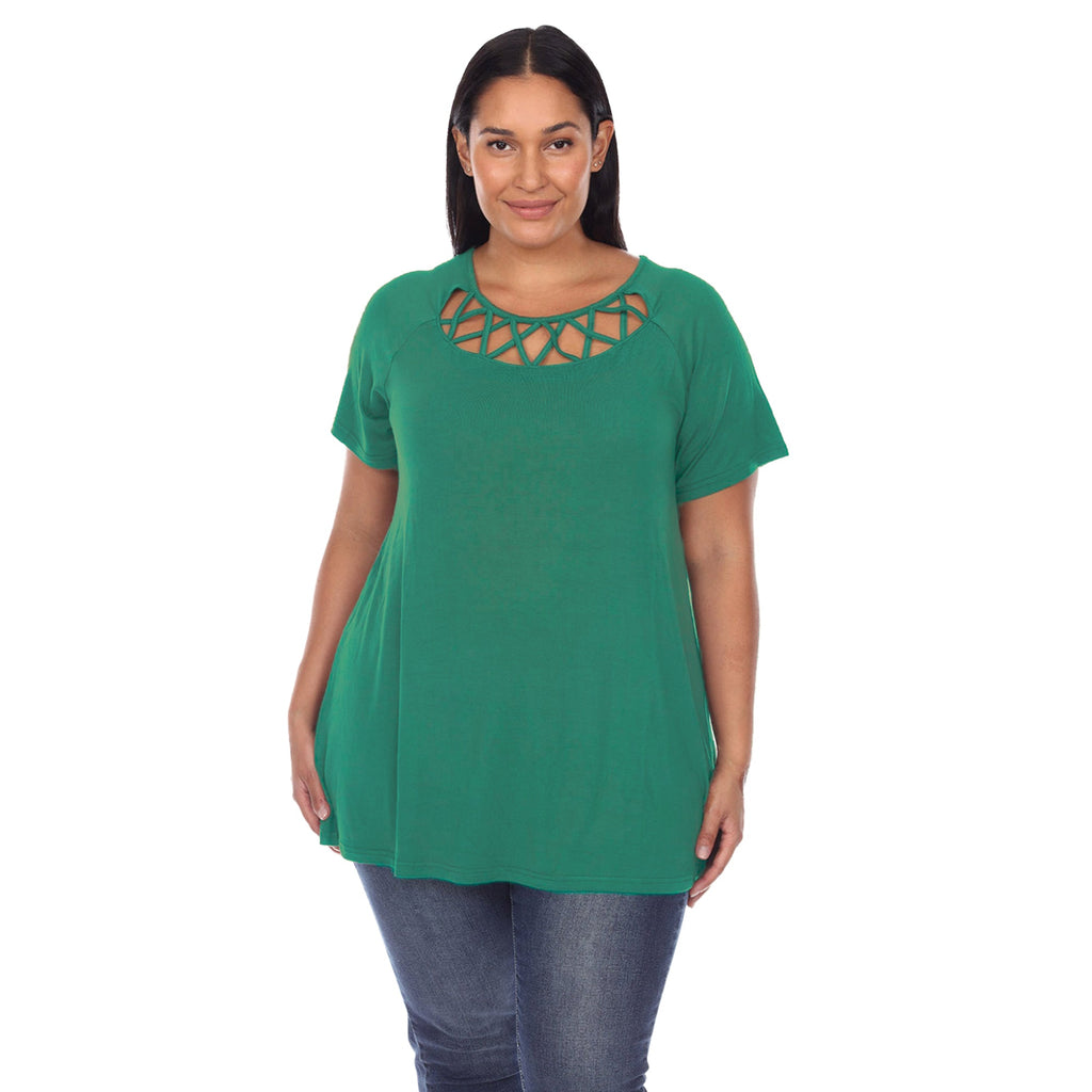 White Mark Women's Crisscross Cutout Short Sleeve Top - Plus (8 Colors Available)