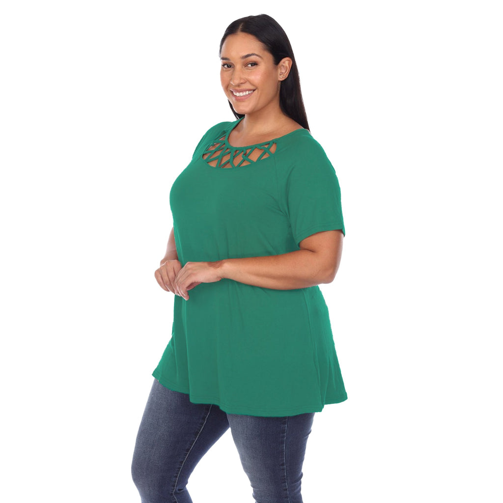 White Mark Women's Crisscross Cutout Short Sleeve Top - Plus (8 Colors Available)