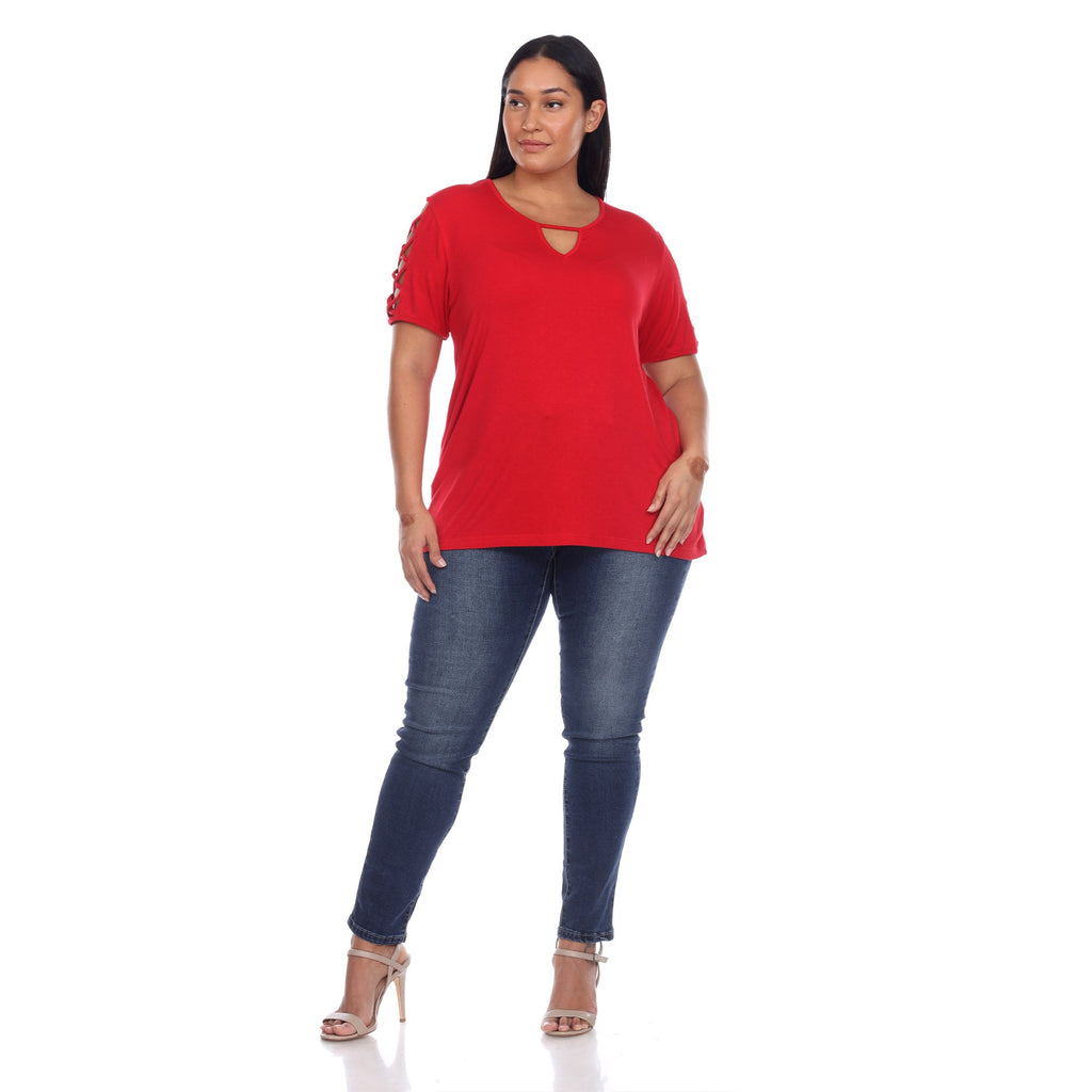 White Mark Women's Keyhole Neck Cutout Short Sleeve Top - Plus (7 Colors Available)