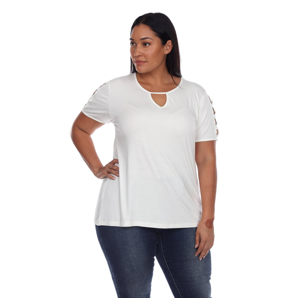 White Mark Women's Keyhole Neck Cutout Short Sleeve Top - Plus (7 Colors Available)