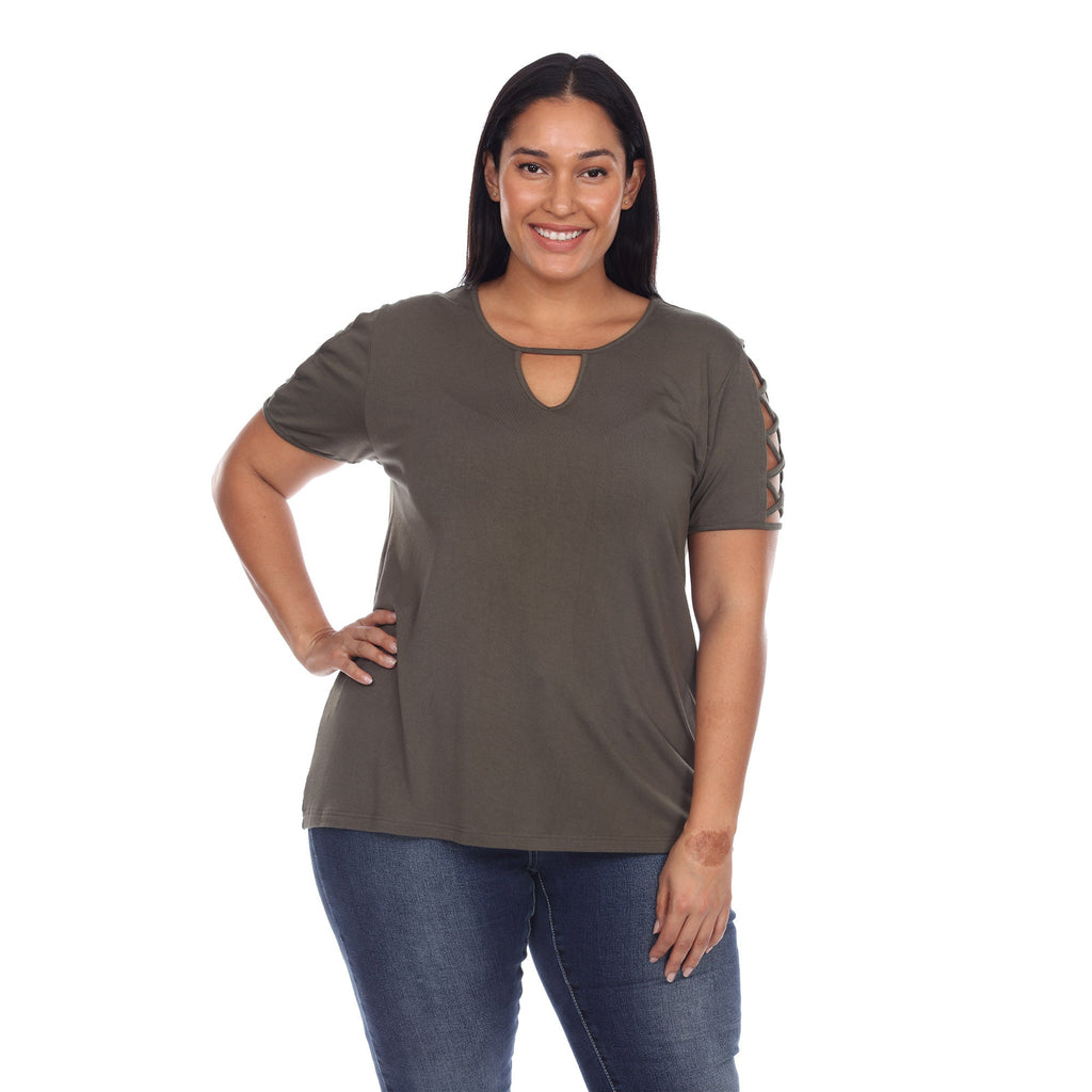 White Mark Women's Keyhole Neck Cutout Short Sleeve Top - Plus (7 Colors Available)