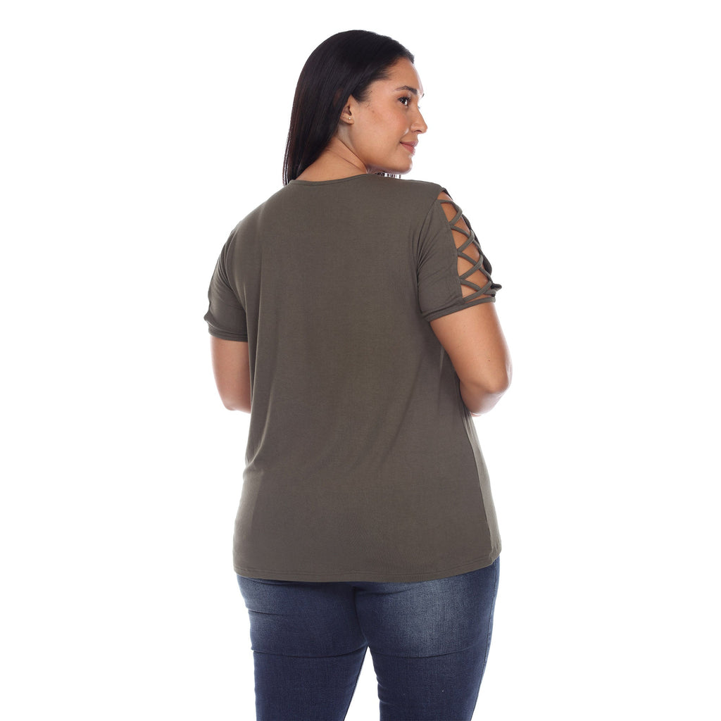 White Mark Women's Keyhole Neck Cutout Short Sleeve Top - Plus (7 Colors Available)