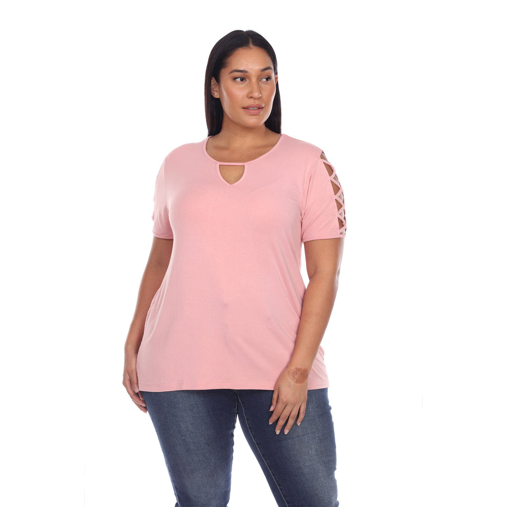 White Mark Women's Keyhole Neck Cutout Short Sleeve Top - Plus (7 Colors Available)