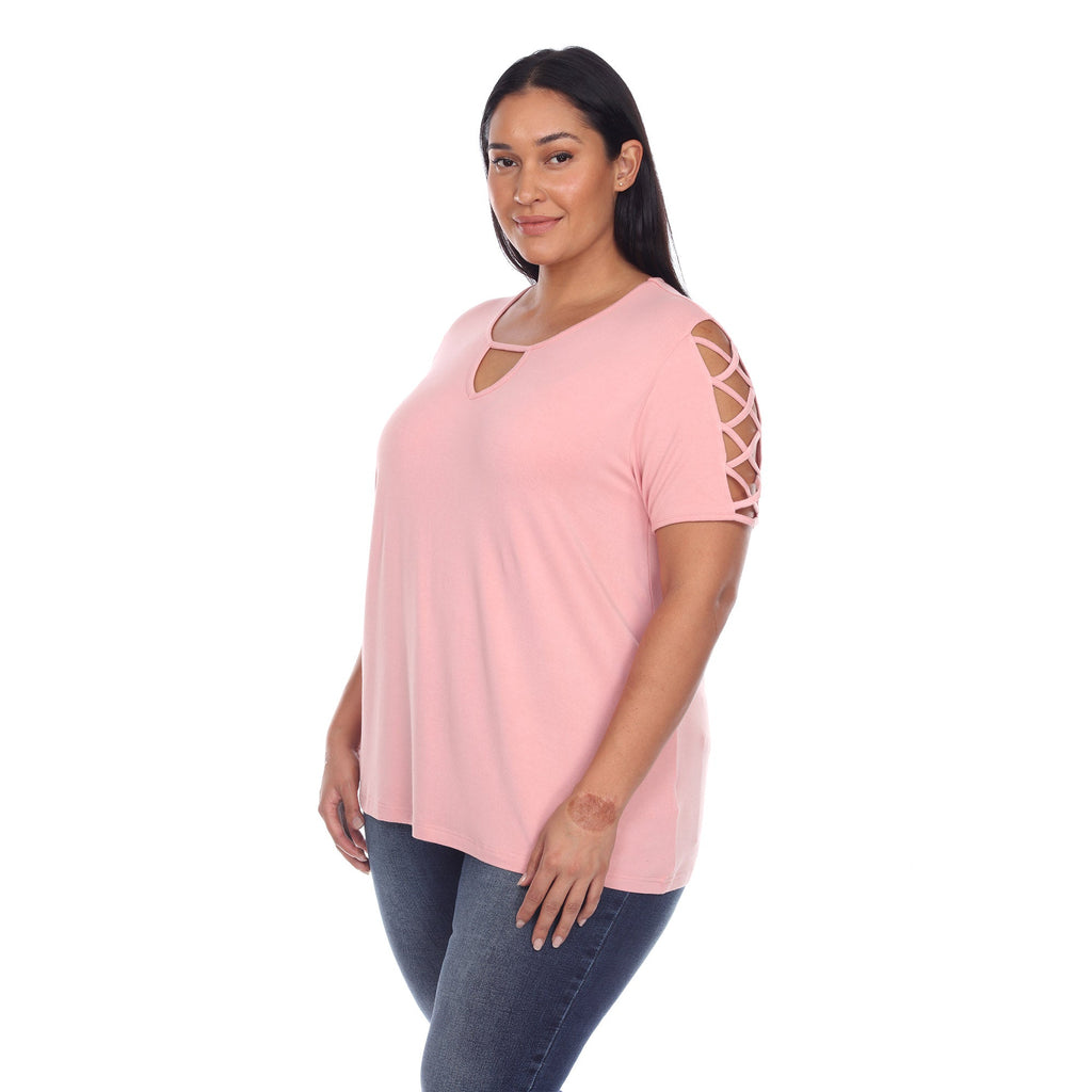 White Mark Women's Keyhole Neck Cutout Short Sleeve Top - Plus (7 Colors Available)