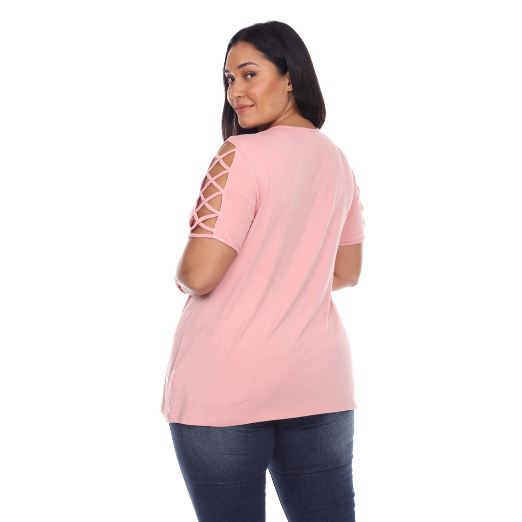 White Mark Women's Keyhole Neck Cutout Short Sleeve Top - Plus (7 Colors Available)