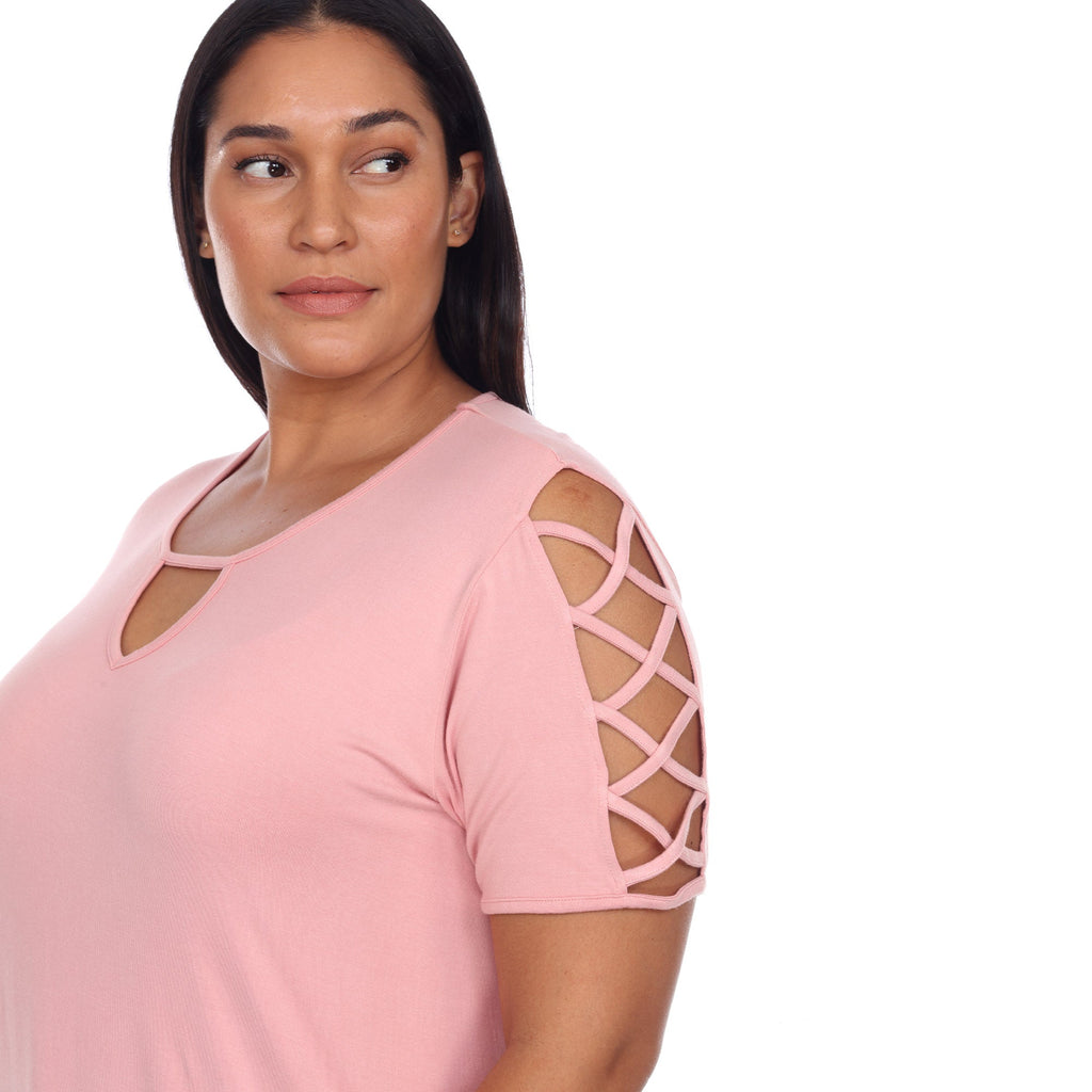 White Mark Women's Keyhole Neck Cutout Short Sleeve Top - Plus (7 Colors Available)