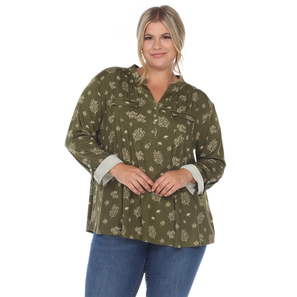 White Mark Women's Pleated Long Sleeve Leaf Print Blouse - Plus (4 Colors Available)