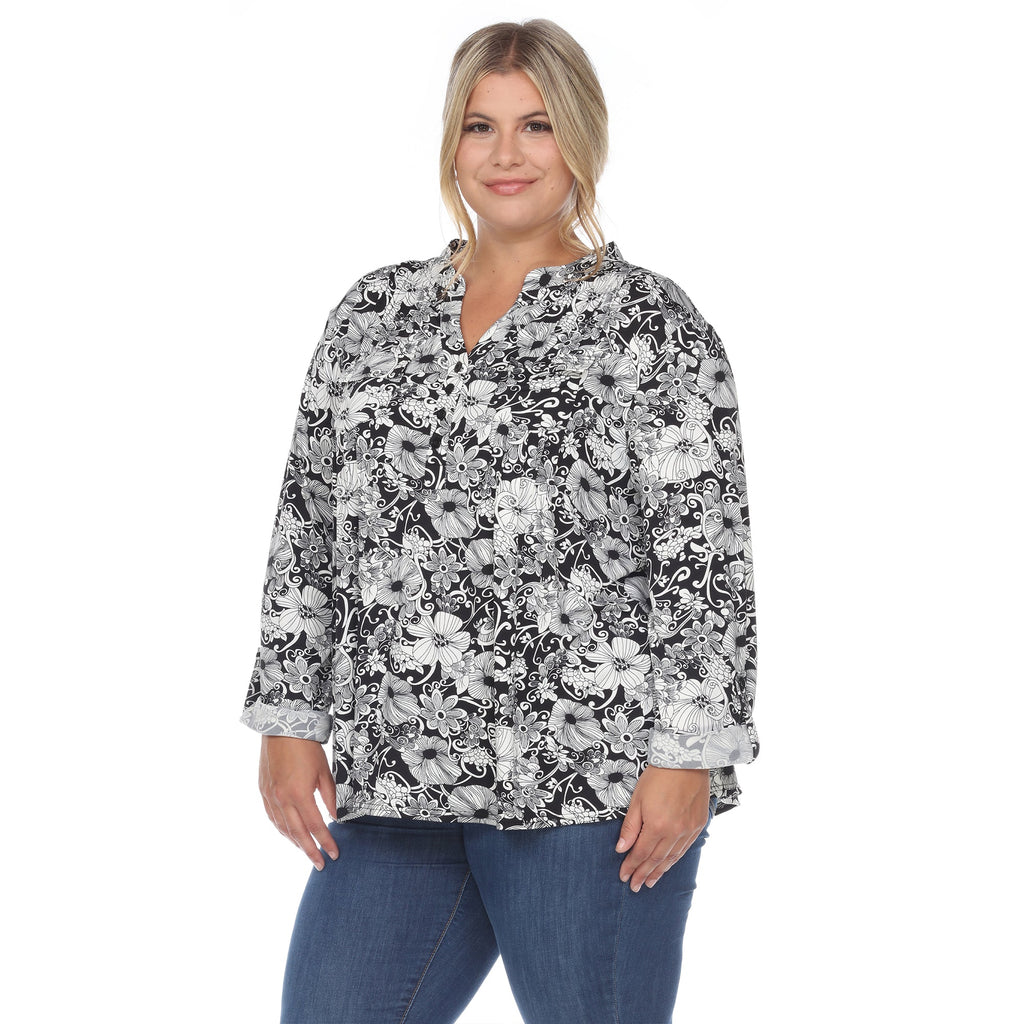 White Mark Women's Pleated Long Sleeve Floral Print Blouse - Plus (5 colors Available)