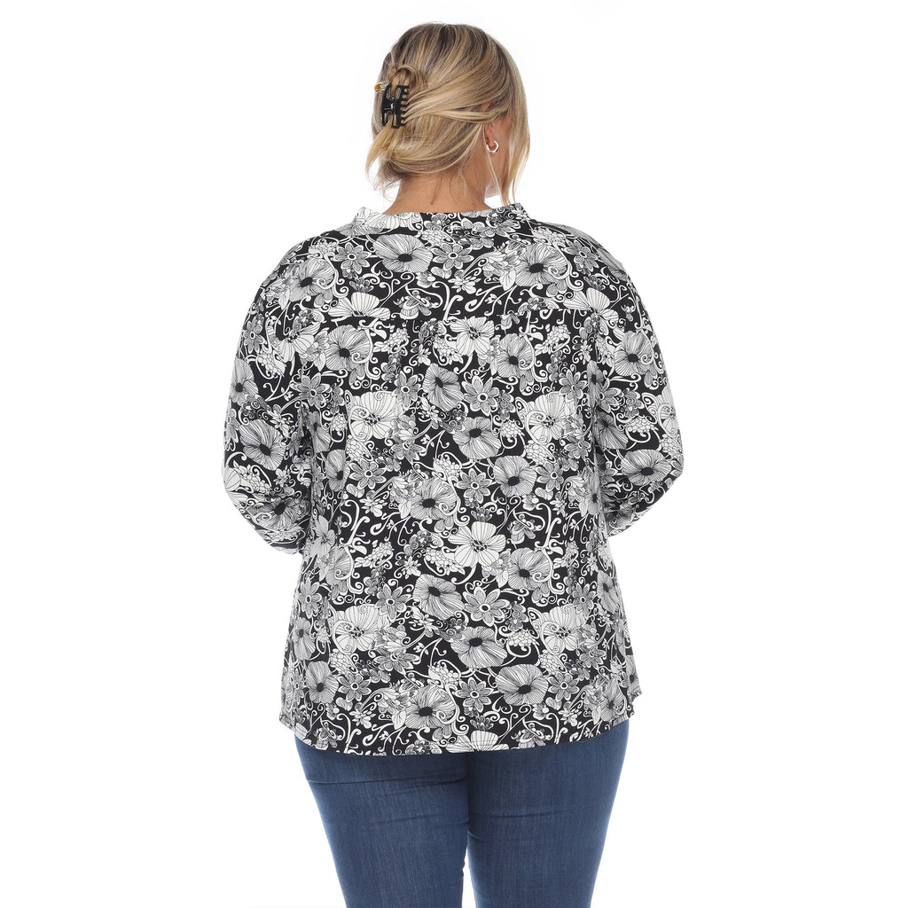 White Mark Women's Pleated Long Sleeve Floral Print Blouse - Plus (5 colors Available)