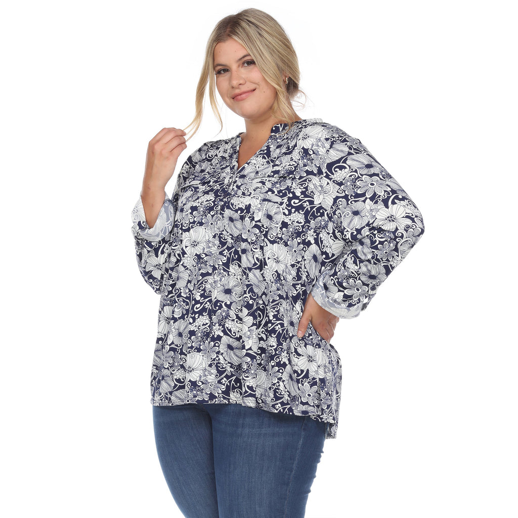 White Mark Women's Pleated Long Sleeve Floral Print Blouse - Plus (5 colors Available)