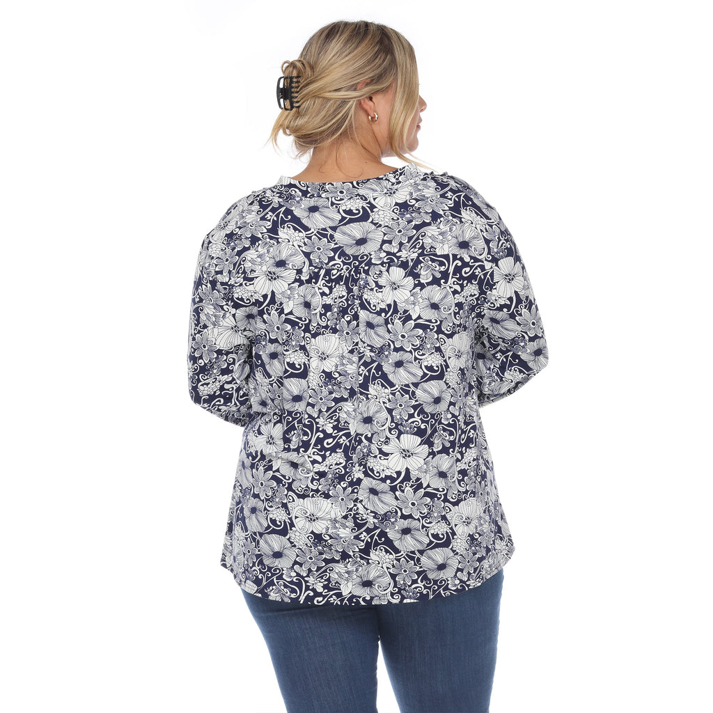 White Mark Women's Pleated Long Sleeve Floral Print Blouse - Plus (5 colors Available)