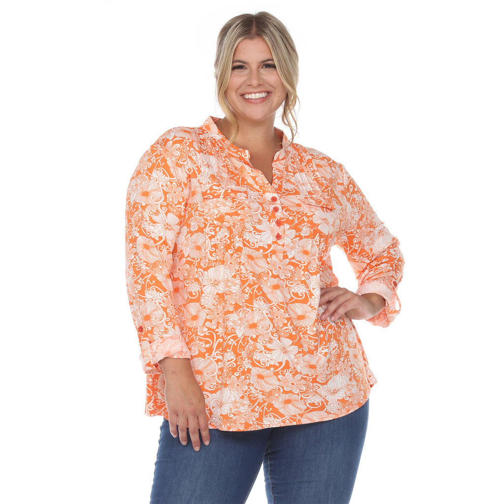 White Mark Women's Pleated Long Sleeve Floral Print Blouse - Plus (5 colors Available)