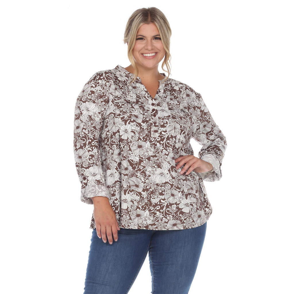 White Mark Women's Pleated Long Sleeve Floral Print Blouse - Plus (5 colors Available)