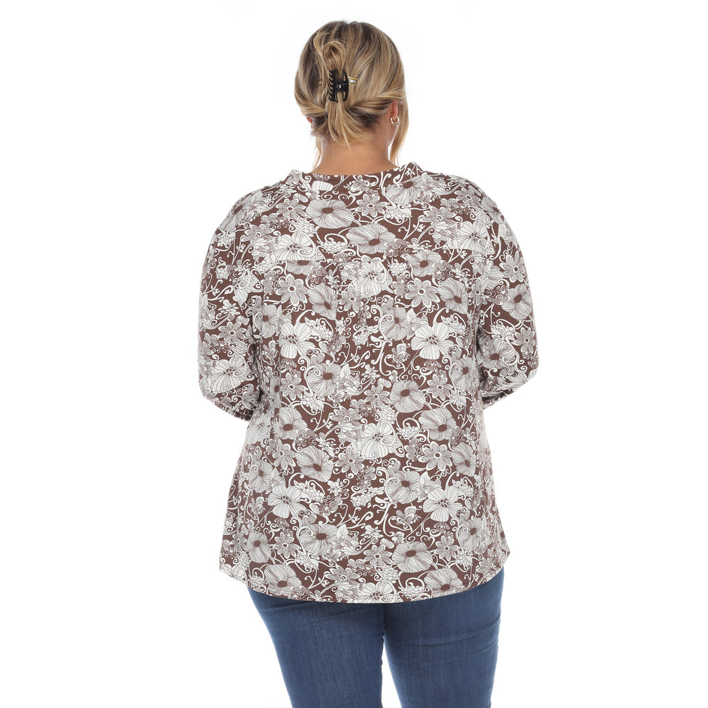 White Mark Women's Pleated Long Sleeve Floral Print Blouse - Plus (5 colors Available)